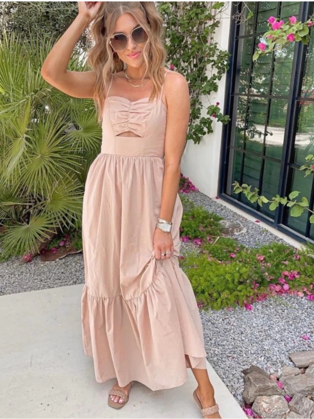 Magnolia Boutique 100% Cotton Sweetheart Maxi Dress Ruffle Hem Tan Taupe Beige S